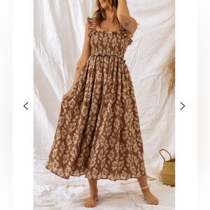 Altar’d State Floral Brown Maxi Dress Ruffled Size Small